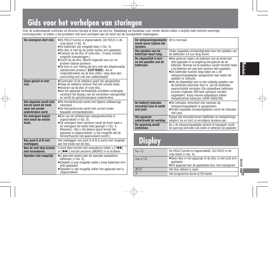 Gids voor het verhelpen van storingen display, Ederlands | Panasonic SLCT345 User Manual | Page 25 / 64