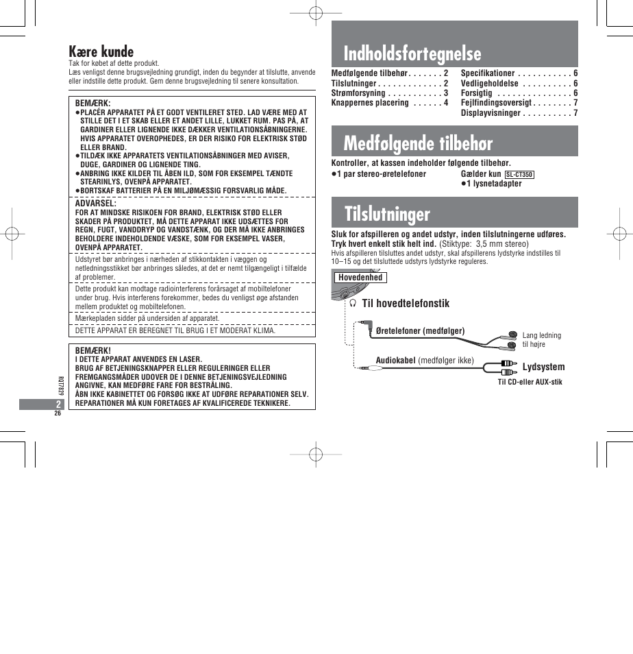 Tilslutninger, Indholdsfortegnelse medfølgende tilbehør, Kære kunde | Til hovedtelefonstik | Panasonic SLCT345 User Manual | Page 26 / 64