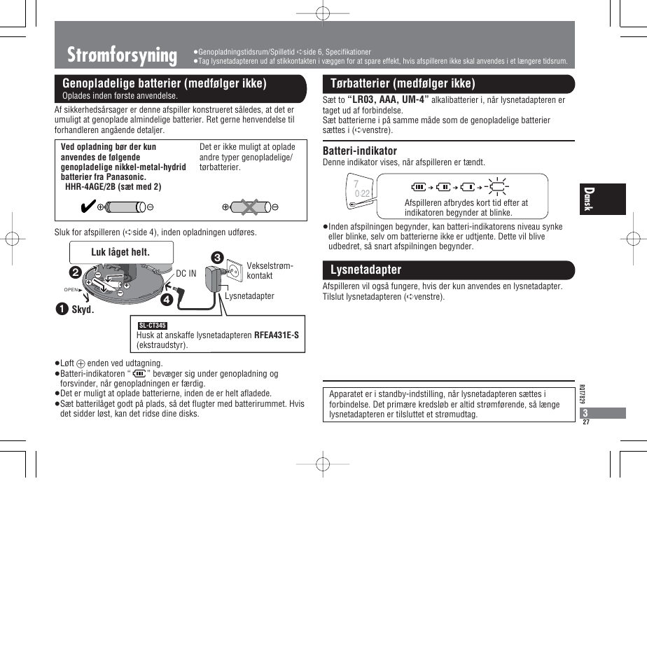 Strømforsyning, Genopladelige batterier (medfølger ikke), Tørbatterier (medfølger ikke) lysnetadapter | Batteri-indikator | Panasonic SLCT345 User Manual | Page 27 / 64
