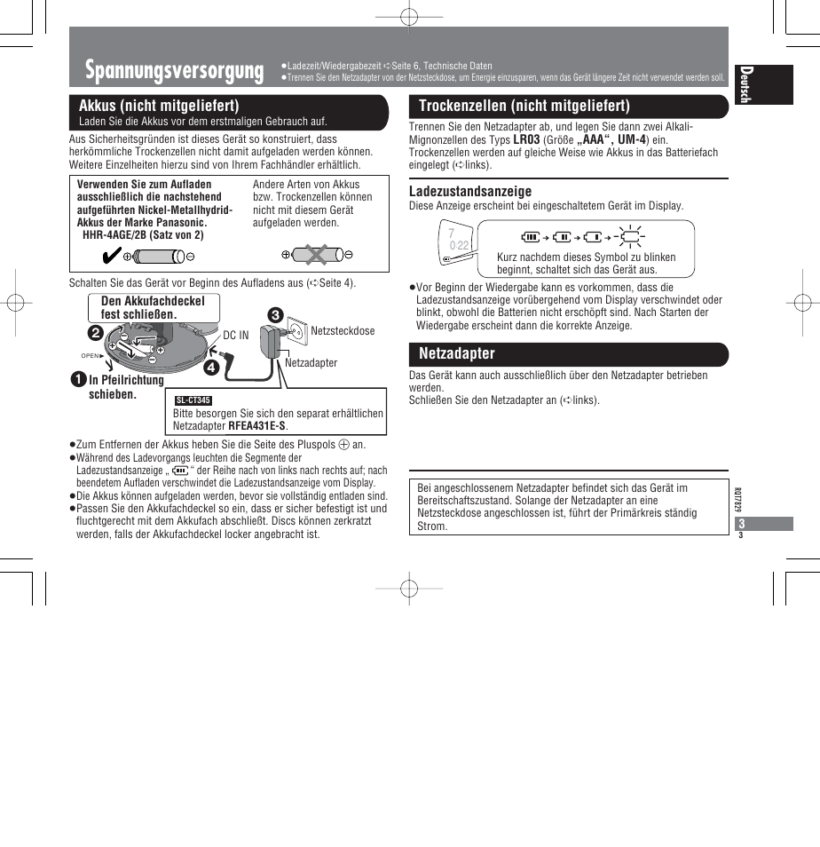Spannungsversorgung, Akkus (nicht mitgeliefert), Trockenzellen (nicht mitgeliefert) netzadapter | Ladezustandsanzeige | Panasonic SLCT345 User Manual | Page 3 / 64
