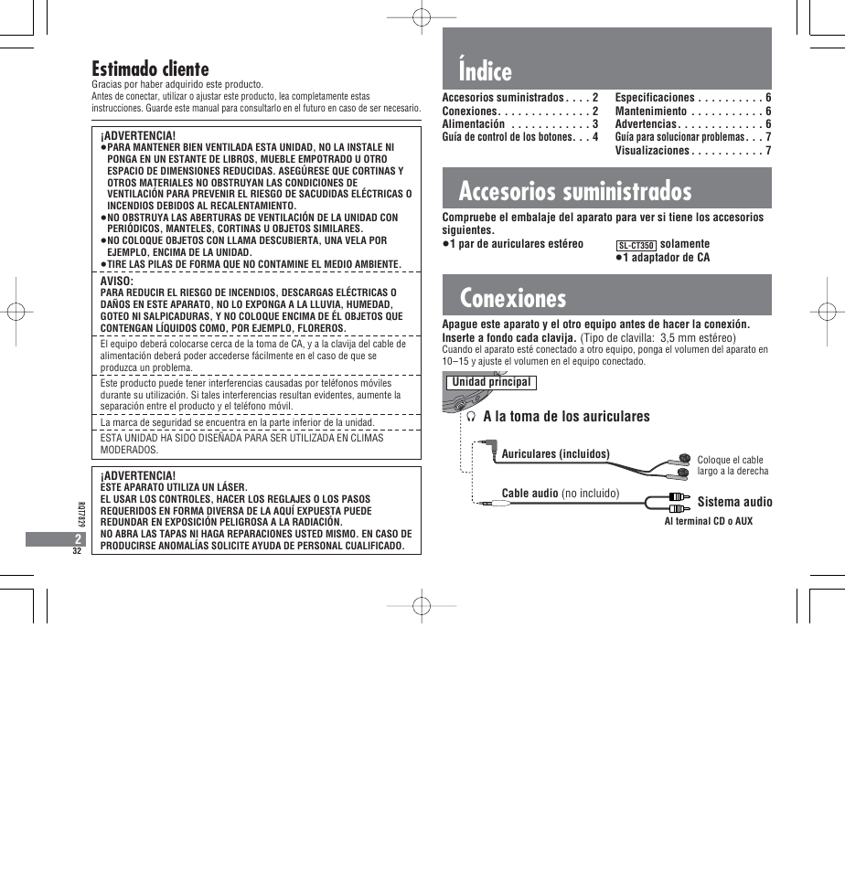 Conexiones, Índice accesorios suministrados, Estimado cliente | A la toma de los auriculares | Panasonic SLCT345 User Manual | Page 32 / 64