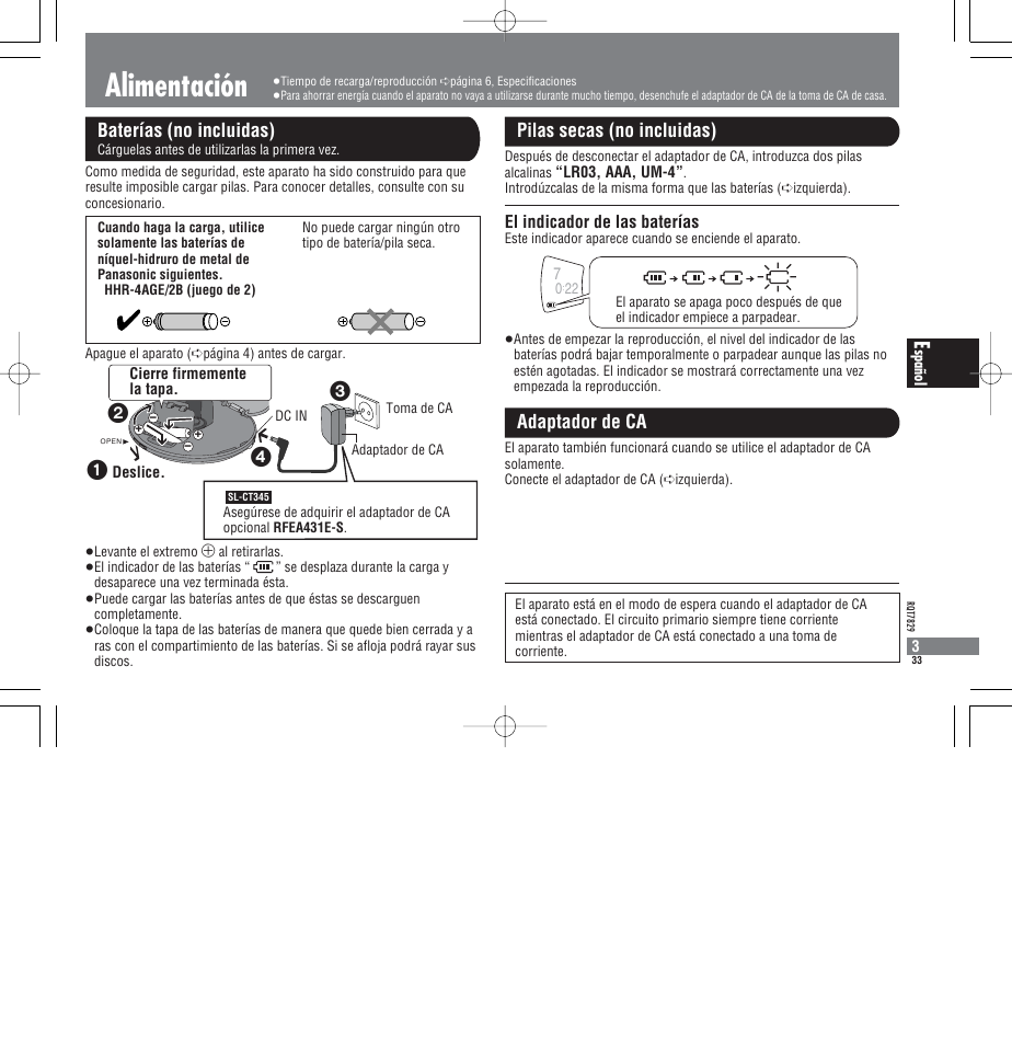 Alimentación, Baterías (no incluidas), Pilas secas (no incluidas) adaptador de ca | El indicador de las baterías | Panasonic SLCT345 User Manual | Page 33 / 64