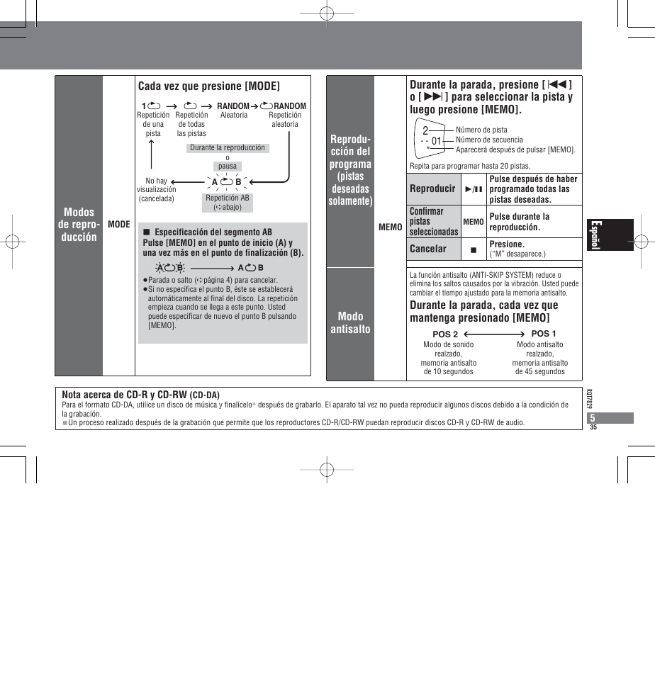 Modos de repro- ducción, Cada vez que presione [mode | Panasonic SLCT345 User Manual | Page 35 / 64