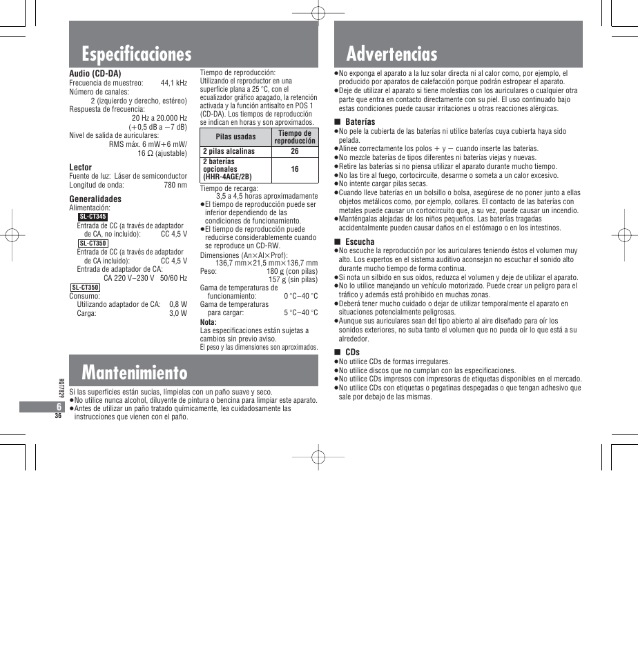 Especificaciones, Mantenimiento, Advertencias | Panasonic SLCT345 User Manual | Page 36 / 64