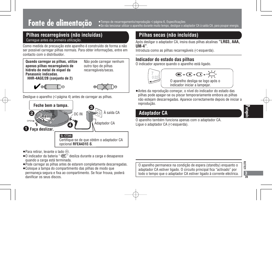 Fonte de alimentação, Pilhas recarregáveis (não incluídas), Pilhas secas (não incluídas) adaptador ca | Indicador do estado das pilhas | Panasonic SLCT345 User Manual | Page 39 / 64