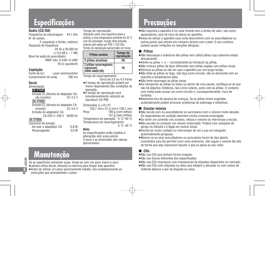 Especificações, Manutenção, Precauções | Panasonic SLCT345 User Manual | Page 42 / 64