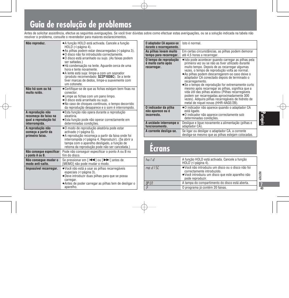 Guia de resolução de problemas écrans, Ortuguês 7 | Panasonic SLCT345 User Manual | Page 43 / 64