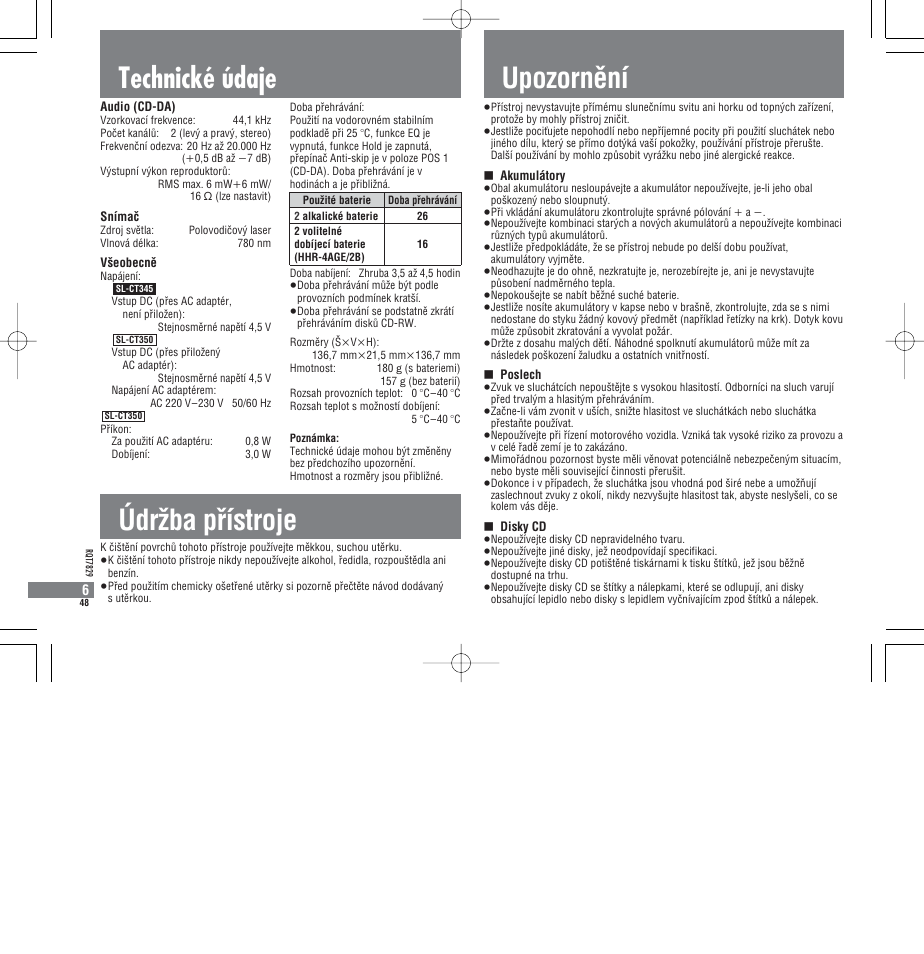 Technické údaje, Údrƒba pâístroje, Upozornêní | Panasonic SLCT345 User Manual | Page 48 / 64