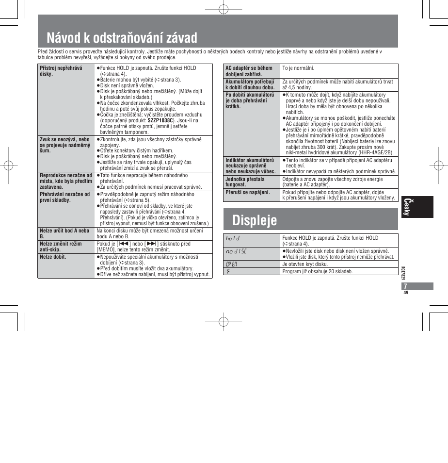 Návod k odstrañování závad displeje, Esky 7 | Panasonic SLCT345 User Manual | Page 49 / 64