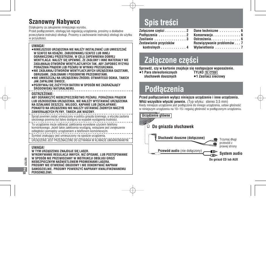 Podìàczenia, Spis treøci zaìàczone czèøci, Szanowny nabywco | Do gniazda sìuchawek | Panasonic SLCT345 User Manual | Page 50 / 64