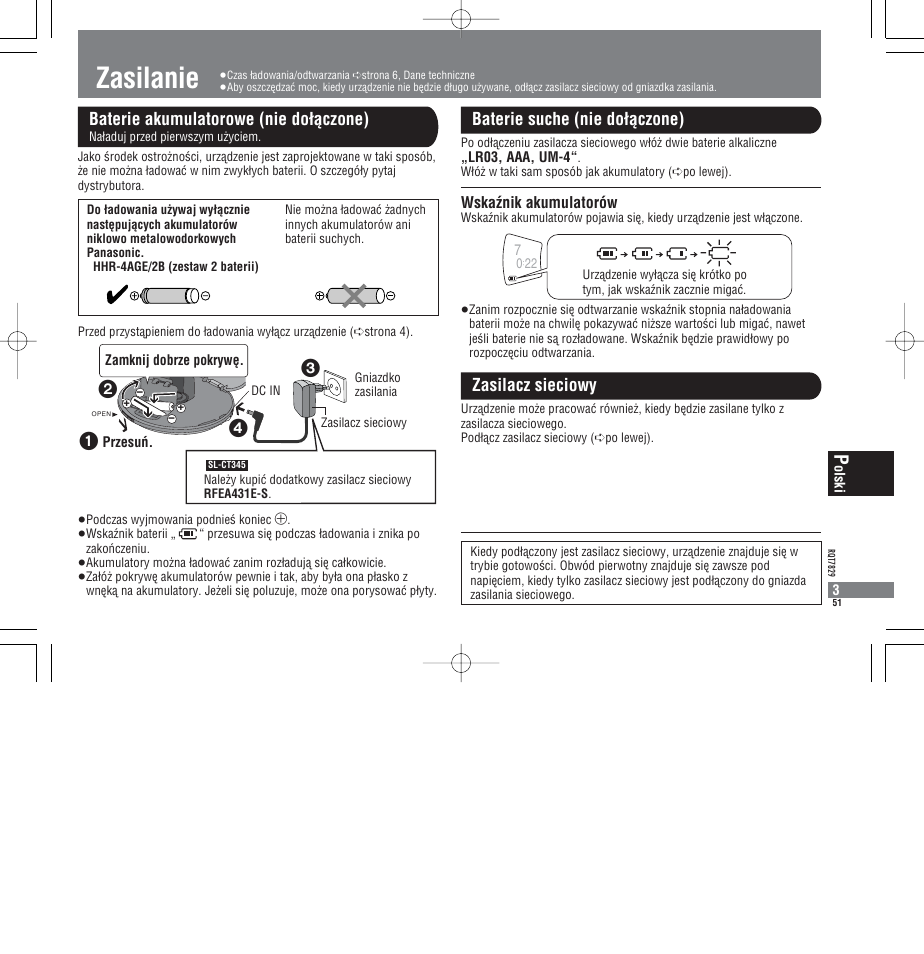 Zasilanie, Baterie akumulatorowe (nie doìàczone), Baterie suche (nie doìàczone) zasilacz sieciowy | Wskaœnik akumulatorów | Panasonic SLCT345 User Manual | Page 51 / 64