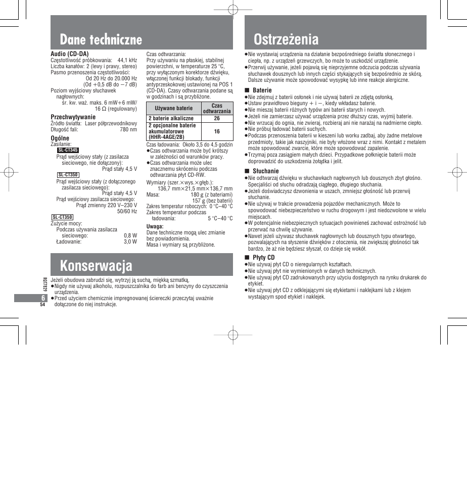 Dane techniczne, Konserwacja, Ostrzeëenia | Panasonic SLCT345 User Manual | Page 54 / 64