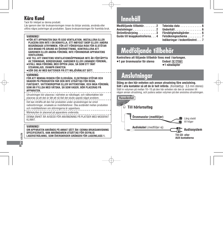 Anslutningar, Innehåll medföljande tillbehör, Kära kund | Till hörlursuttag | Panasonic SLCT345 User Manual | Page 56 / 64