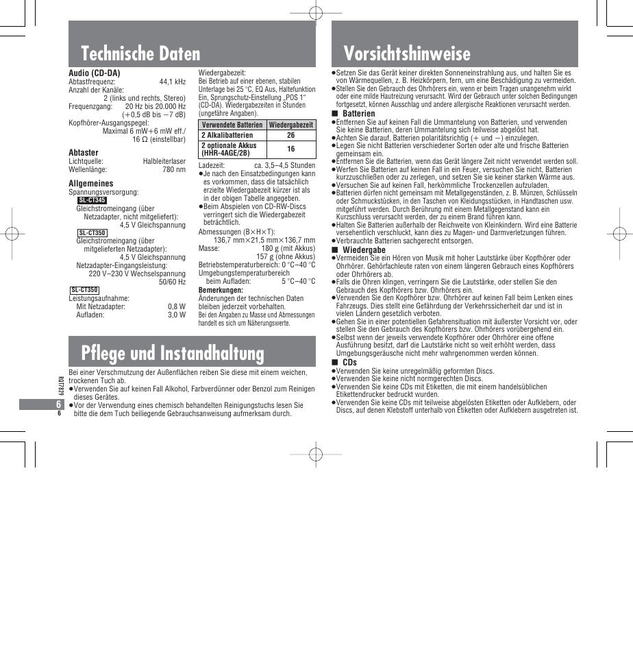 Technische daten, Pflege und instandhaltung, Vorsichtshinweise | Panasonic SLCT345 User Manual | Page 6 / 64