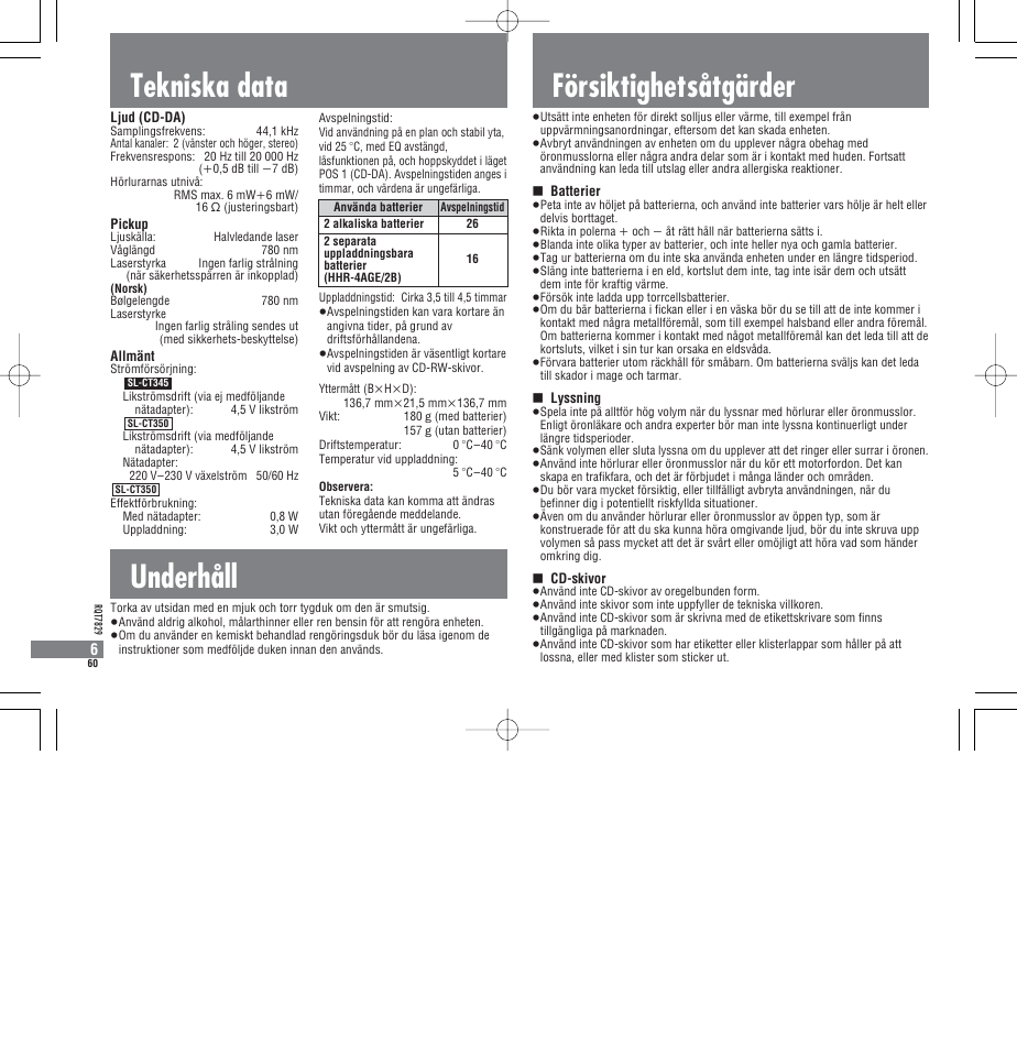 Tekniska data, Underhåll, Försiktighetsåtgärder | Panasonic SLCT345 User Manual | Page 60 / 64