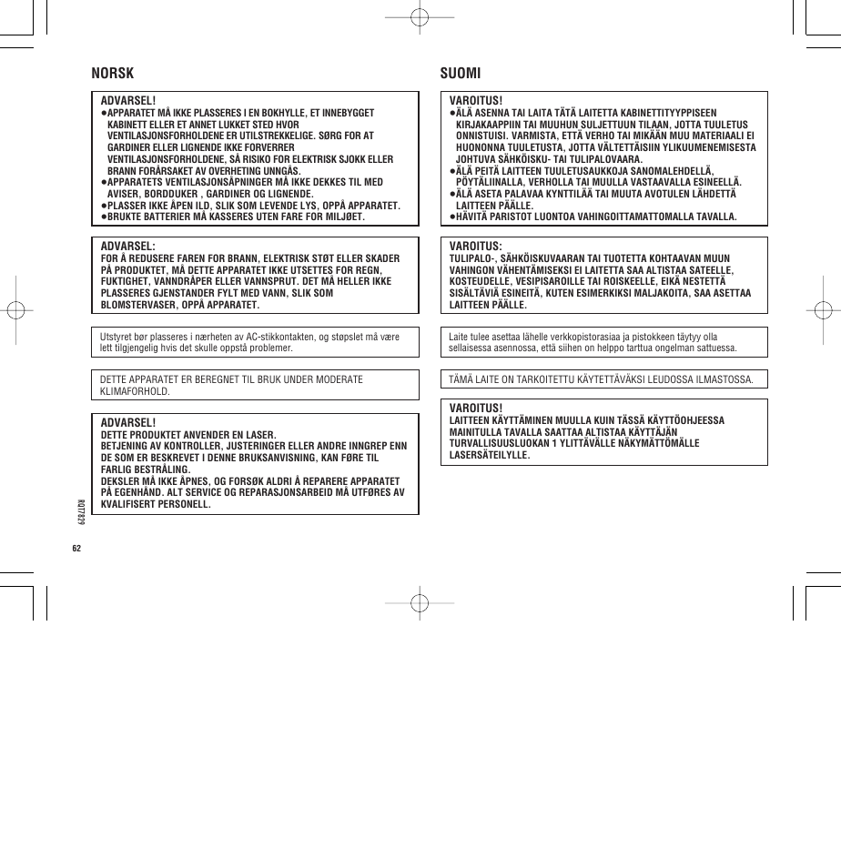 Norsk, Suomi | Panasonic SLCT345 User Manual | Page 62 / 64