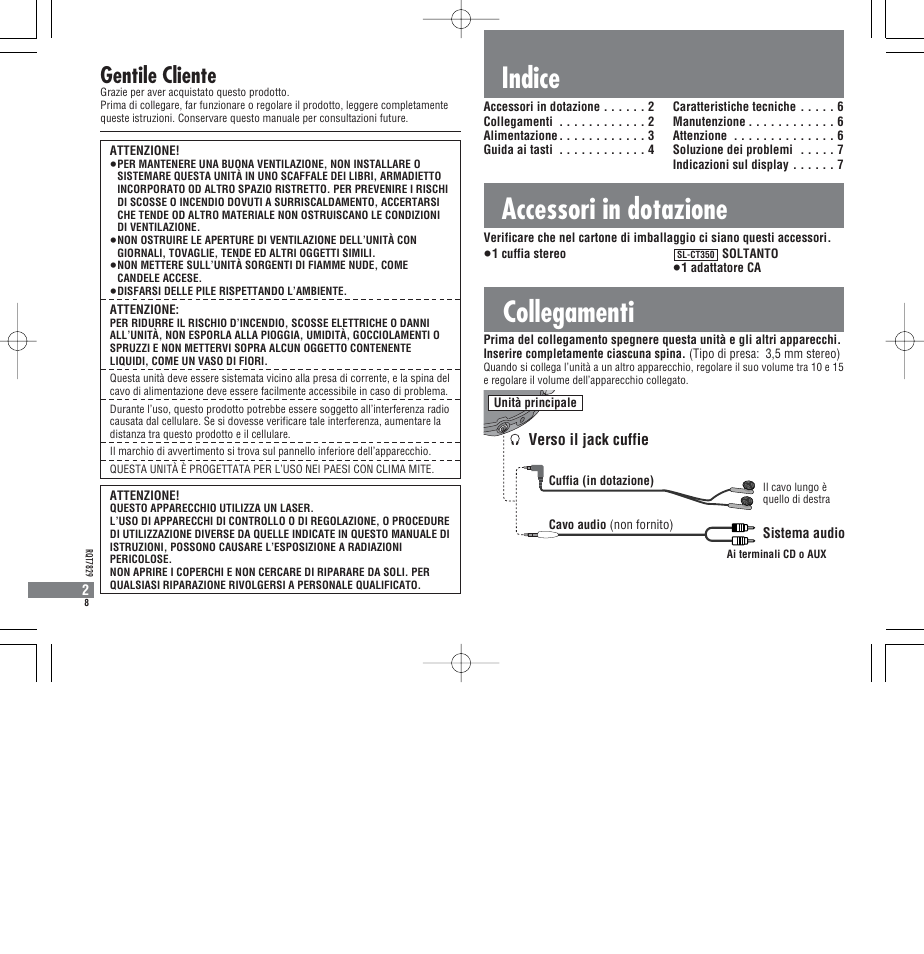 Collegamenti, Indice accessori in dotazione, Gentile cliente | Verso il jack cuffie | Panasonic SLCT345 User Manual | Page 8 / 64