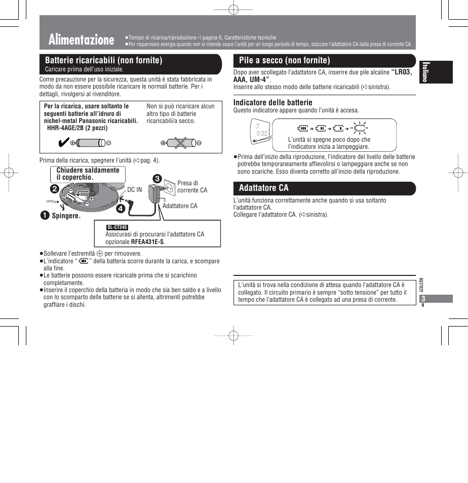 Alimentazione, Batterie ricaricabili (non fornite), Pile a secco (non fornite) adattatore ca | Indicatore delle batterie | Panasonic SLCT345 User Manual | Page 9 / 64