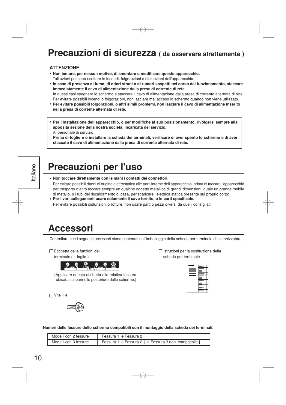 Precauzioni di sicurezza, Accessori, Precauzioni per l'uso | Da osservare strettamente ) | Panasonic TYFB9BD User Manual | Page 10 / 24