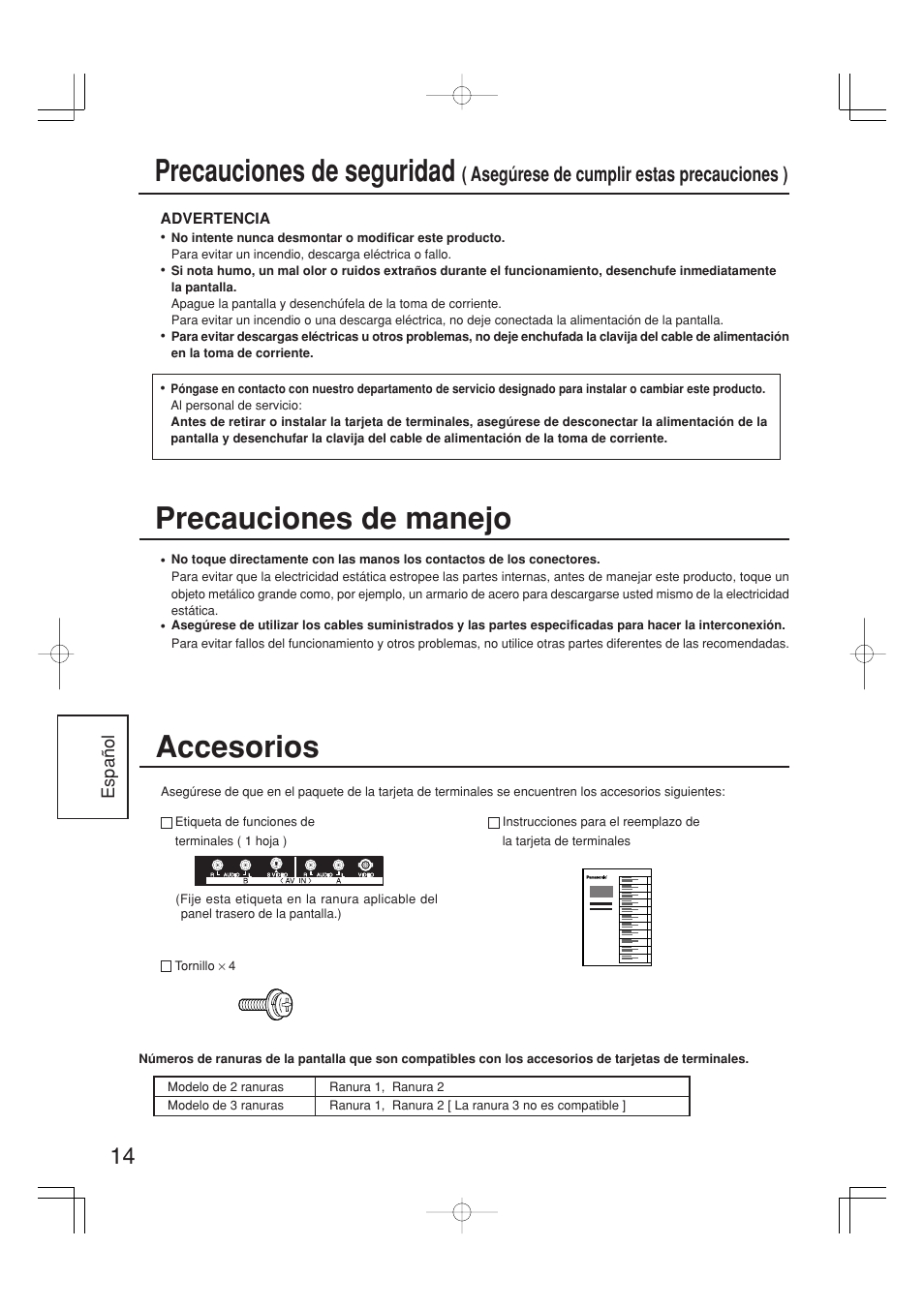 Precauciones de seguridad, Accesorios, Precauciones de manejo | Asegúrese de cumplir estas precauciones ) | Panasonic TYFB9BD User Manual | Page 14 / 24
