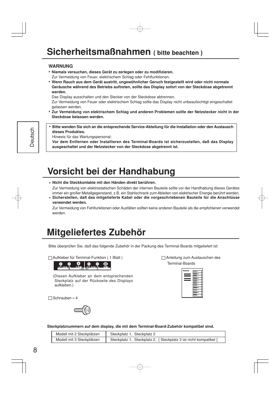 Sicherheitsmaßnahmen, Vorsicht bei der handhabung, Mitgeliefertes zubehör | Bitte beachten ) | Panasonic TYFB9BD User Manual | Page 8 / 24