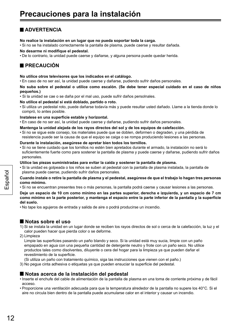 Precauciones para la instalación, Español | Panasonic TYST50VX100 User Manual | Page 12 / 24