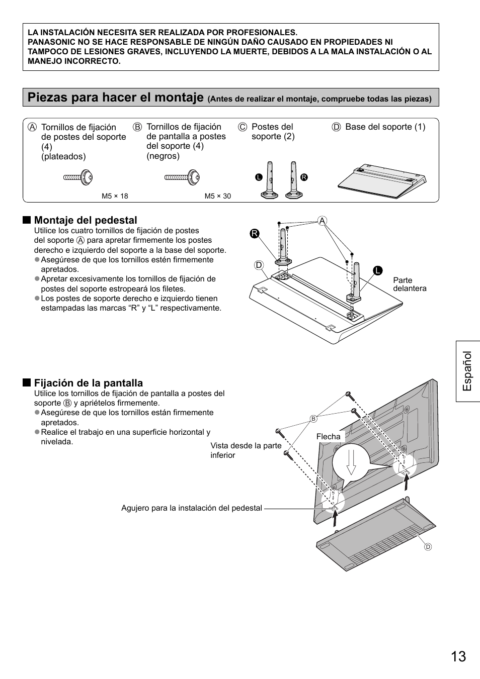 Piezas para hacer el montaje, Español, Montaje del pedestal | Fijación de la pantalla | Panasonic TYST50VX100 User Manual | Page 13 / 24