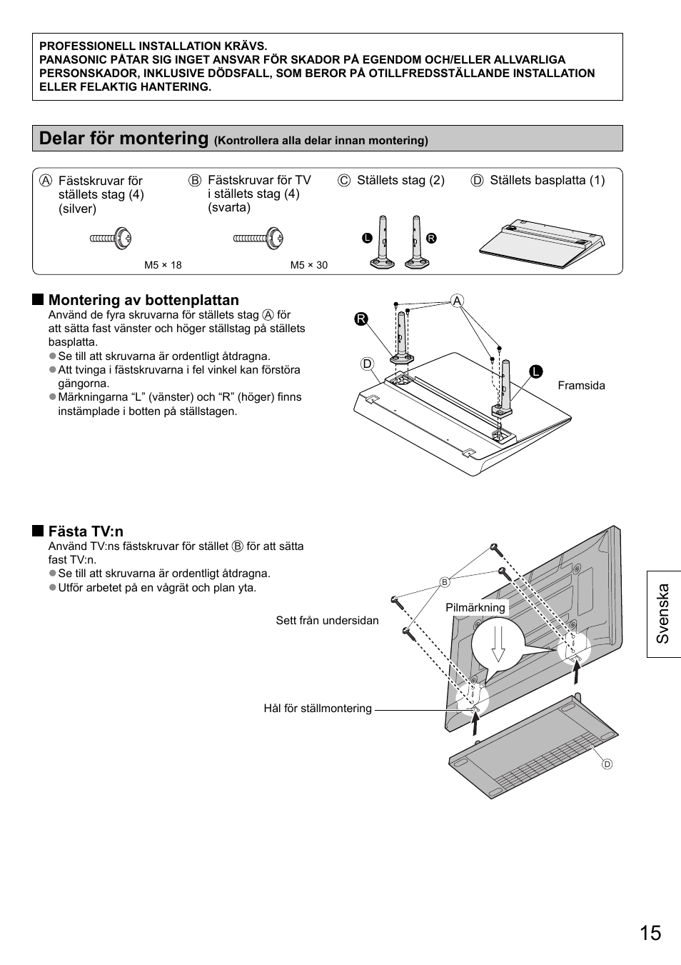 Delar för montering, Svenska, Montering av bottenplattan | Fästa tv:n | Panasonic TYST50VX100 User Manual | Page 15 / 24