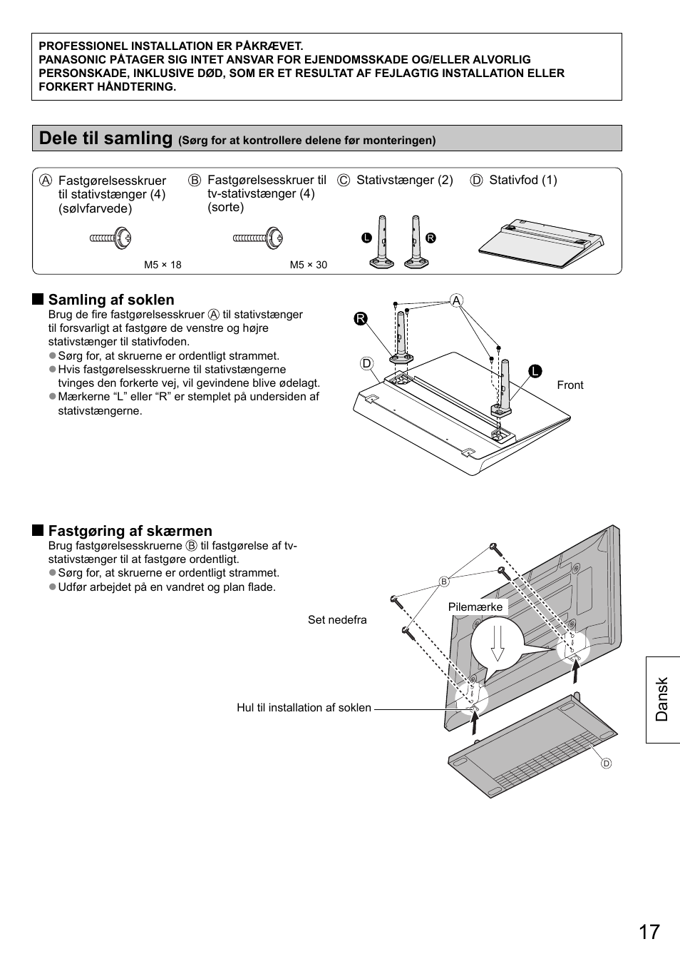 Dele til samling, Dansk, Samling af soklen | Fastgøring af skærmen | Panasonic TYST50VX100 User Manual | Page 17 / 24