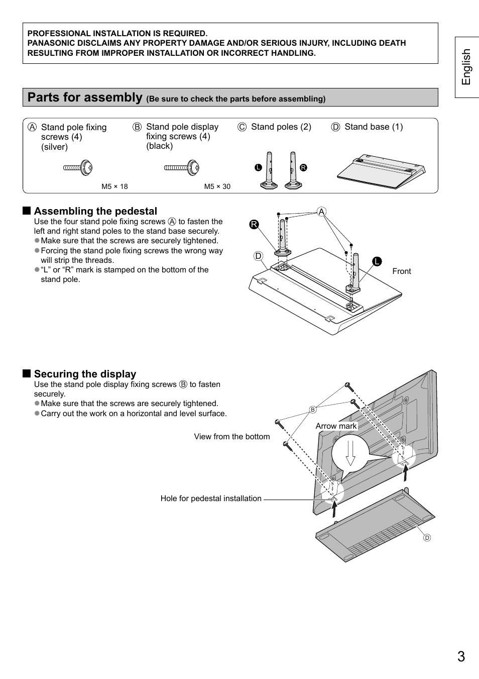 Parts for assembly, English, Assembling the pedestal | Securing the display | Panasonic TYST50VX100 User Manual | Page 3 / 24