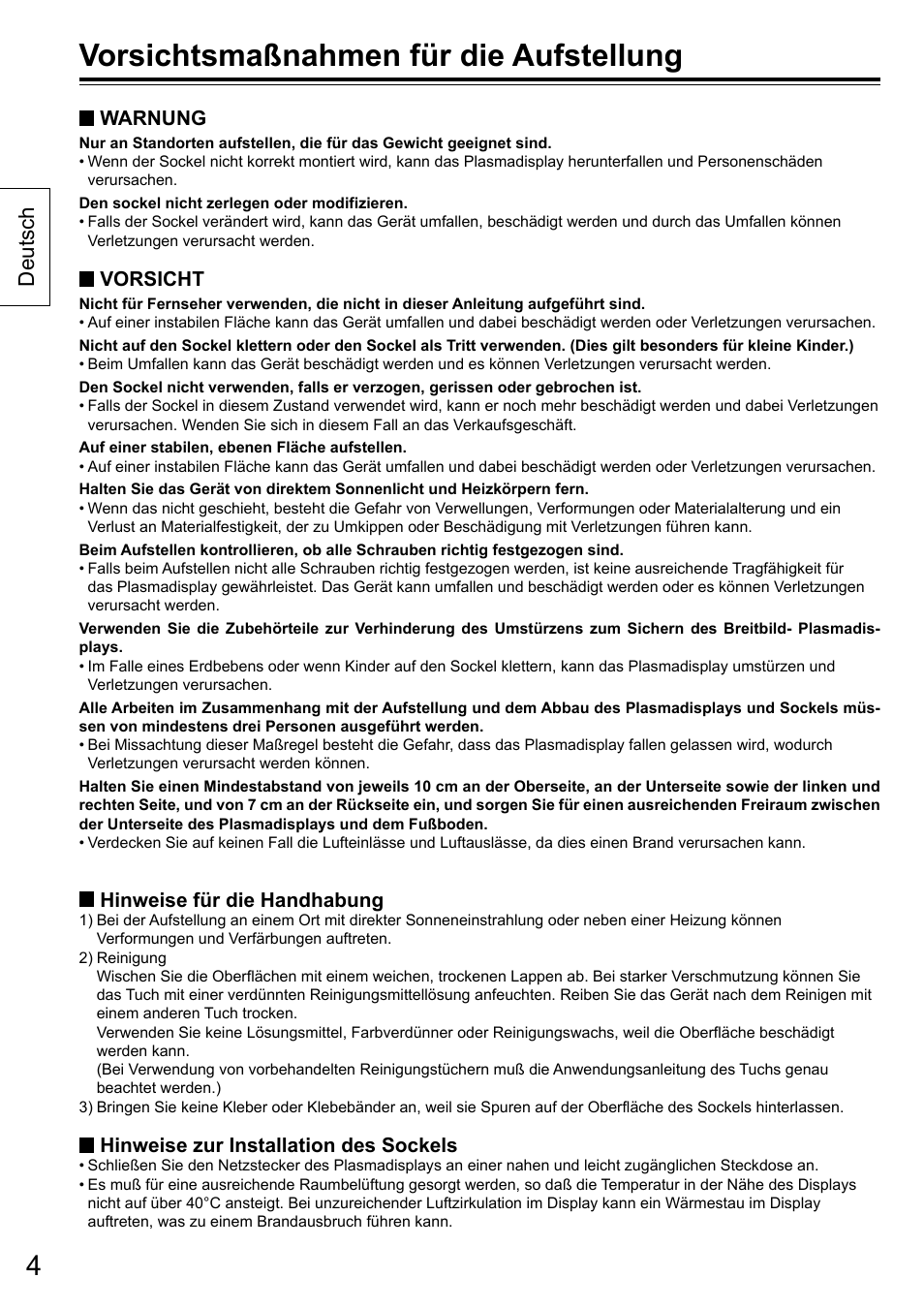 Vorsichtsmaßnahmen für die aufstellung, Deutsch | Panasonic TYST50VX100 User Manual | Page 4 / 24