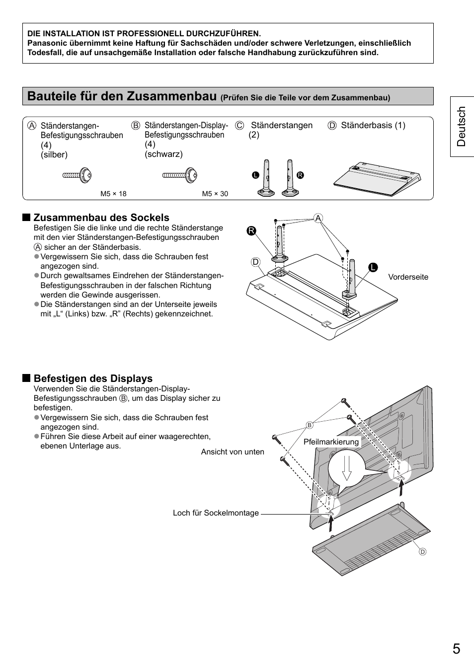 Bauteile für den zusammenbau, Deutsch, Zusammenbau des sockels | Befestigen des displays | Panasonic TYST50VX100 User Manual | Page 5 / 24