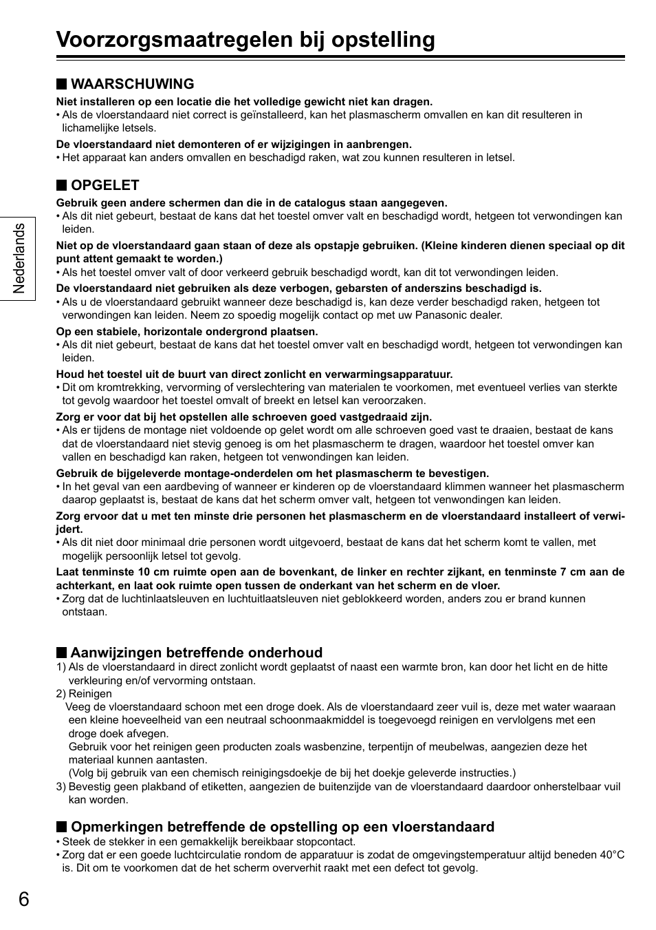 Voorzorgsmaatregelen bij opstelling, Nederlands | Panasonic TYST50VX100 User Manual | Page 6 / 24