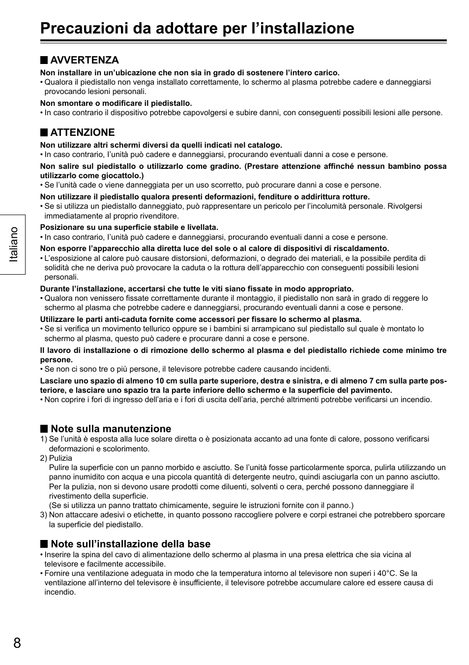 Precauzioni da adottare per l’installazione, Italiano | Panasonic TYST50VX100 User Manual | Page 8 / 24