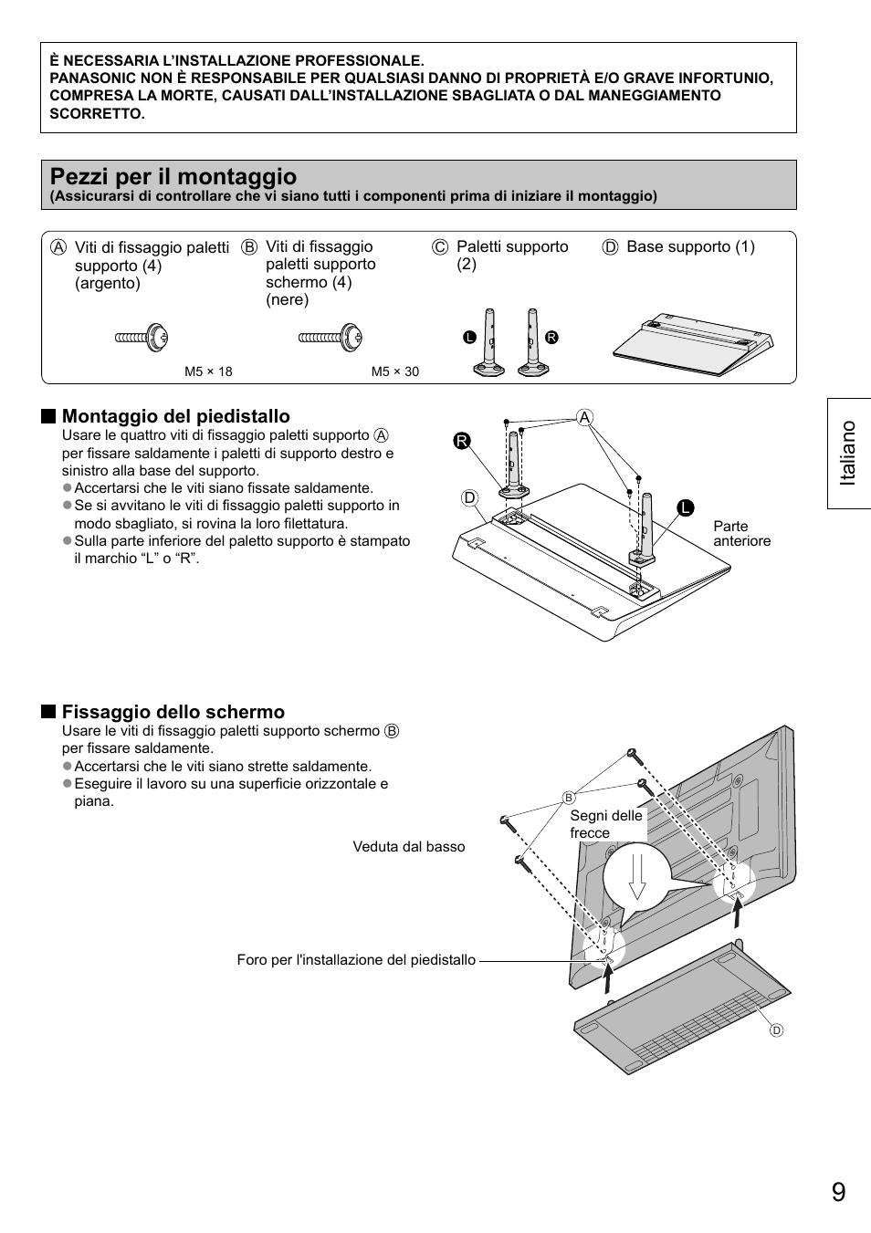 Pezzi per il montaggio, Italiano, Montaggio del piedistallo | Fissaggio dello schermo | Panasonic TYST50VX100 User Manual | Page 9 / 24