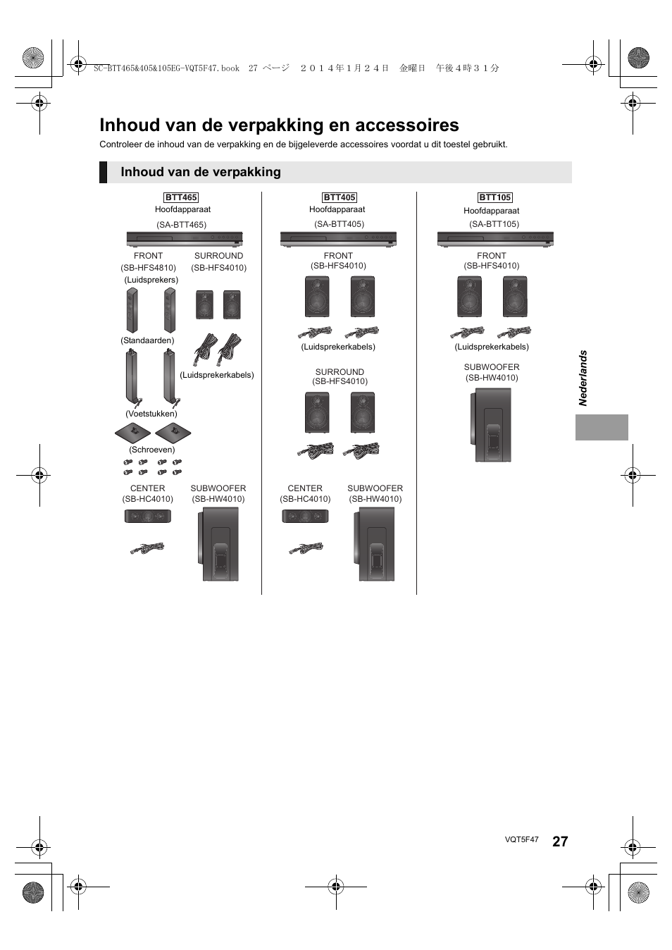 Inhoud van de verpakking en accessoires, Inhoud van de verpakking | Panasonic SCBTT405EG User Manual | Page 27 / 72
