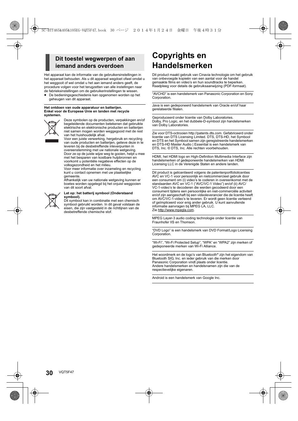 Copyrights en handelsmerken | Panasonic SCBTT405EG User Manual | Page 30 / 72