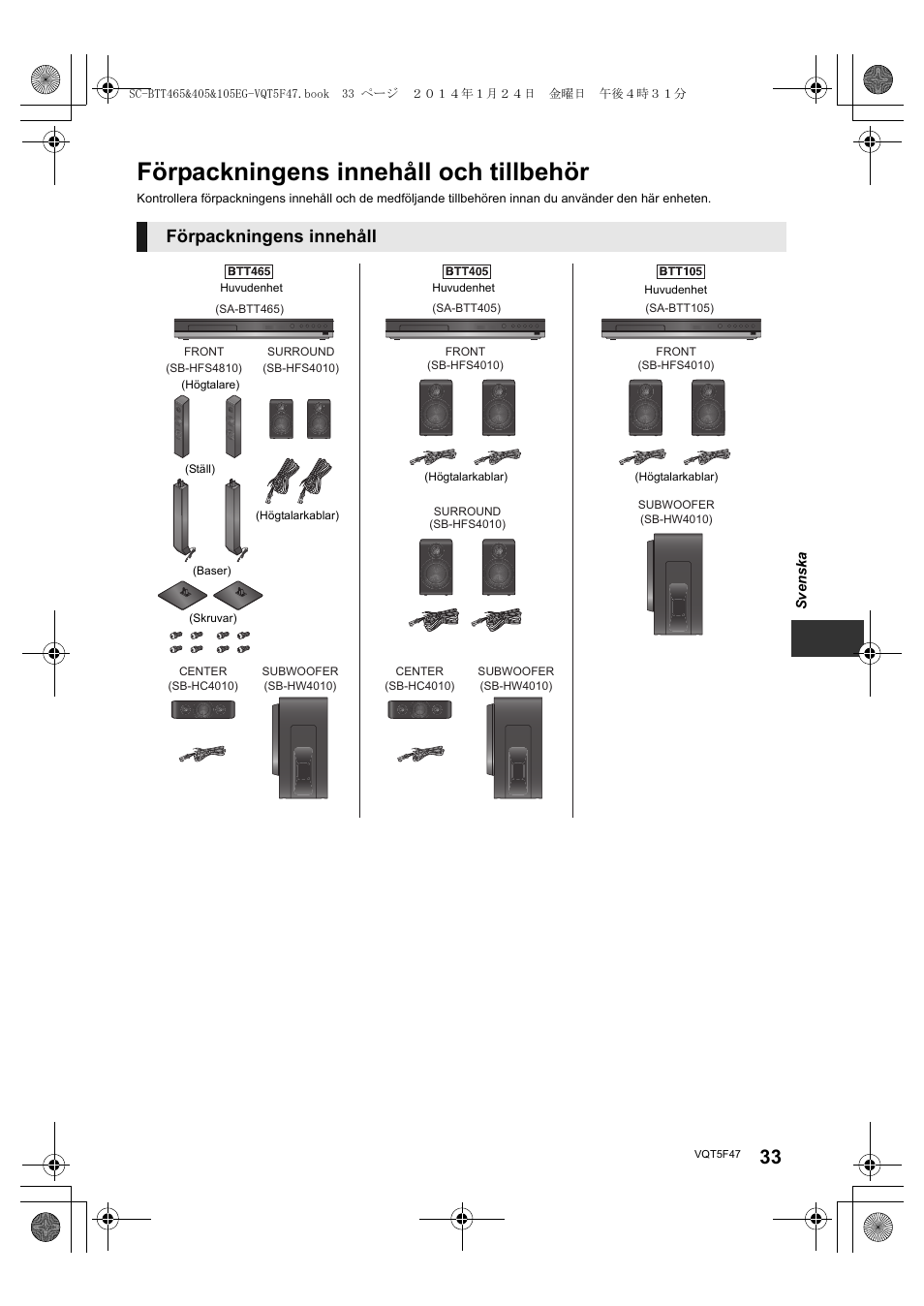 Förpackningens innehåll och tillbehör, Förpackningens innehåll | Panasonic SCBTT405EG User Manual | Page 33 / 72