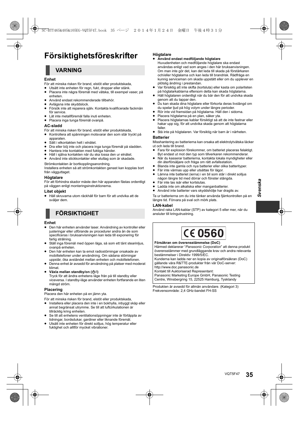 Försiktighetsföreskrifter, Varning försiktighet | Panasonic SCBTT405EG User Manual | Page 35 / 72