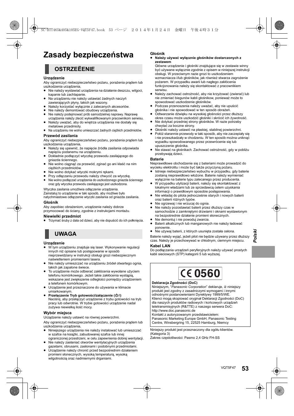 Zasady bezpieczeństwa, Ostrzeëenie uwaga | Panasonic SCBTT405EG User Manual | Page 53 / 72