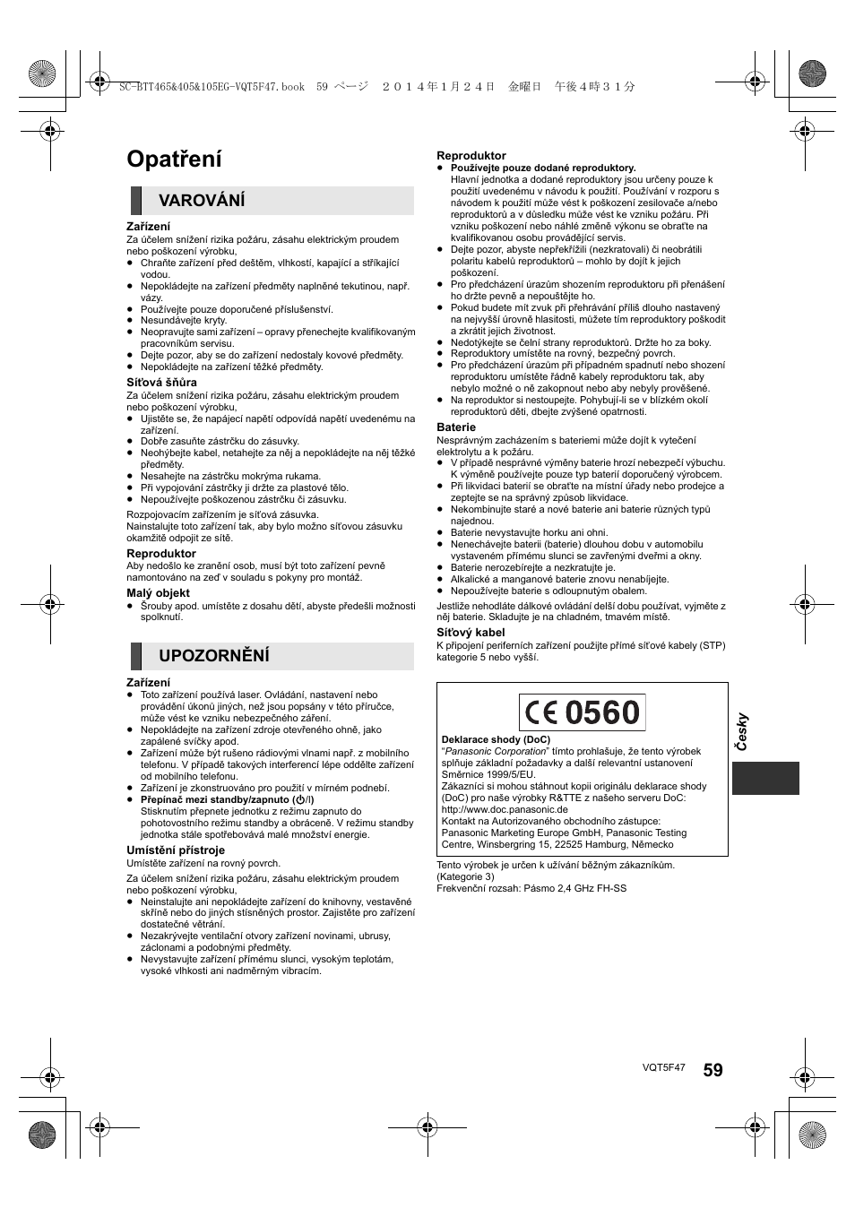Opatření, Varování upozornění | Panasonic SCBTT405EG User Manual | Page 59 / 72