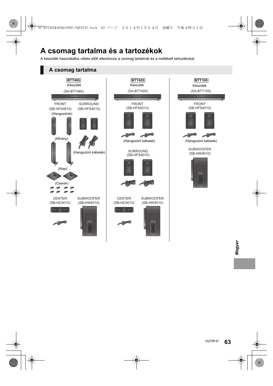 A csomag tartalma és a tartozékok, A csomag tartalma | Panasonic SCBTT405EG User Manual | Page 63 / 72
