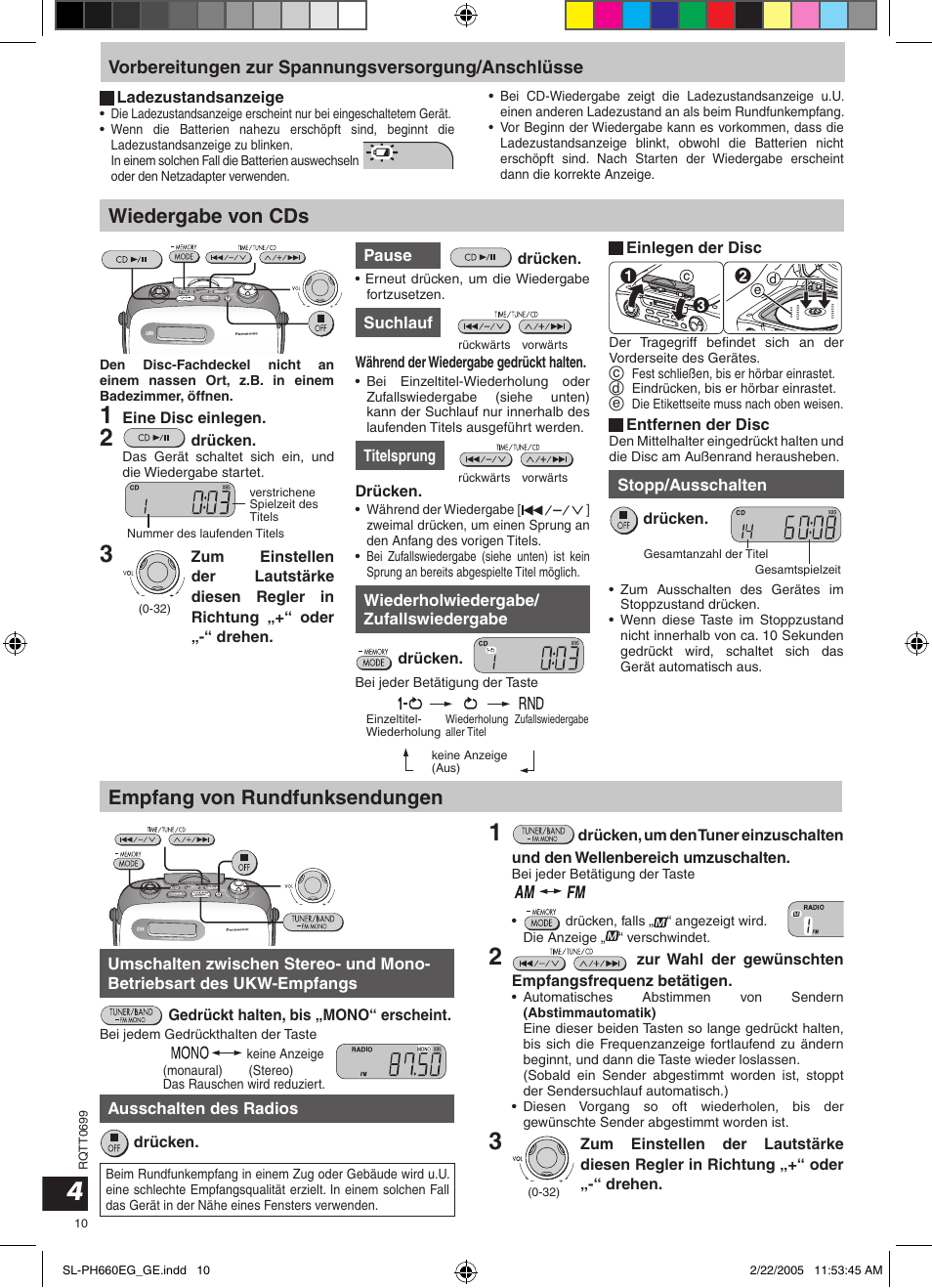 Wiedergabe von cds, Empfang von rundfunksendungen, Vorbereitungen zur spannungsversorgung/anschlüsse | Panasonic SLPH660 User Manual | Page 10 / 80