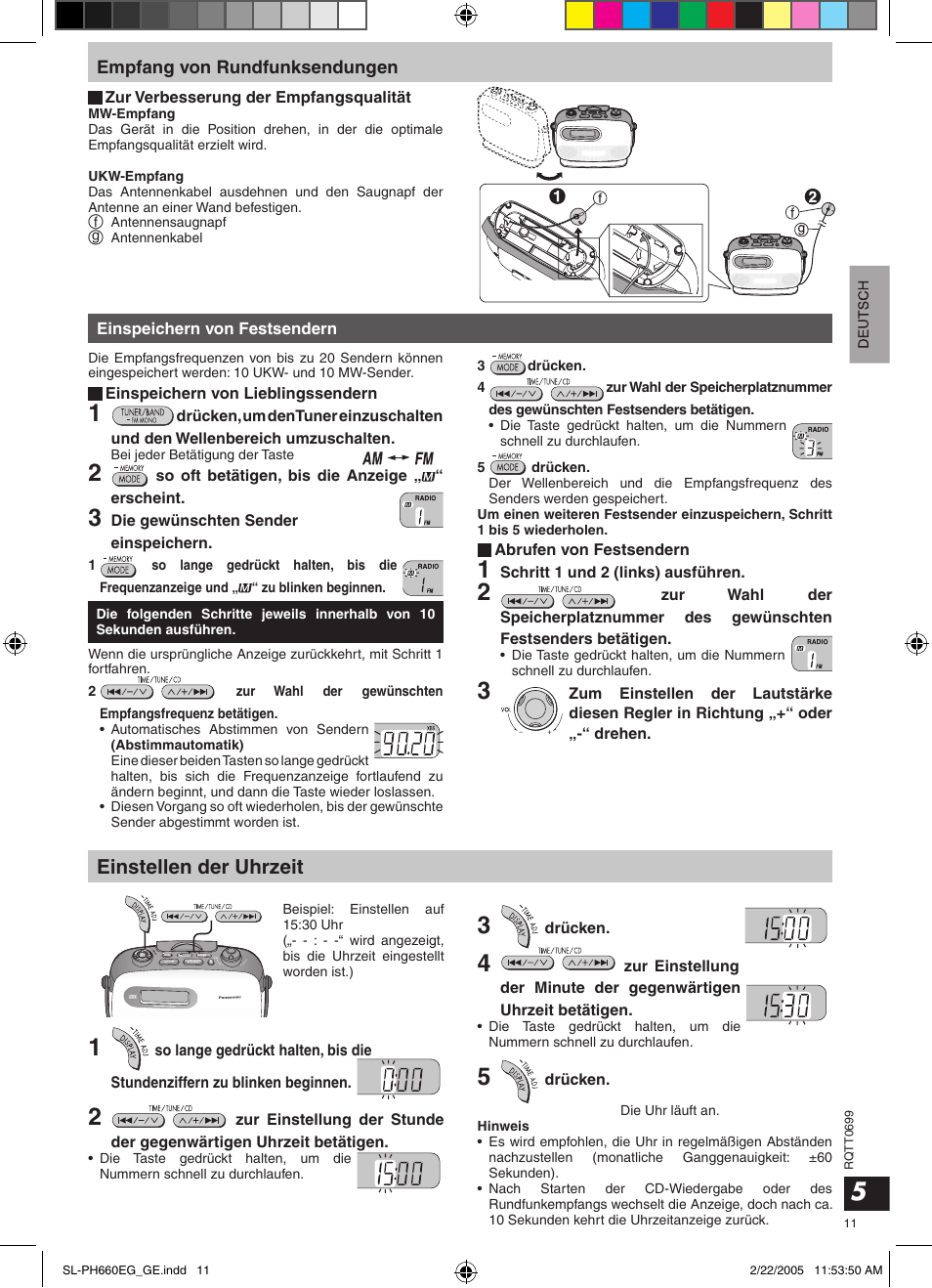 Einstellen der uhrzeit | Panasonic SLPH660 User Manual | Page 11 / 80
