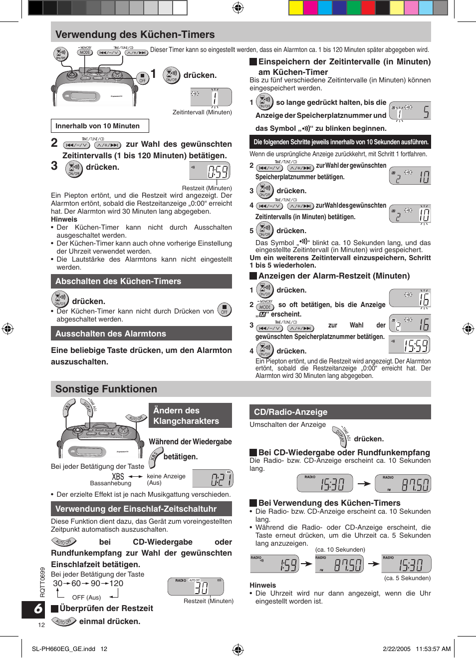 Verwendung des küchen-timers, Sonstige funktionen | Panasonic SLPH660 User Manual | Page 12 / 80