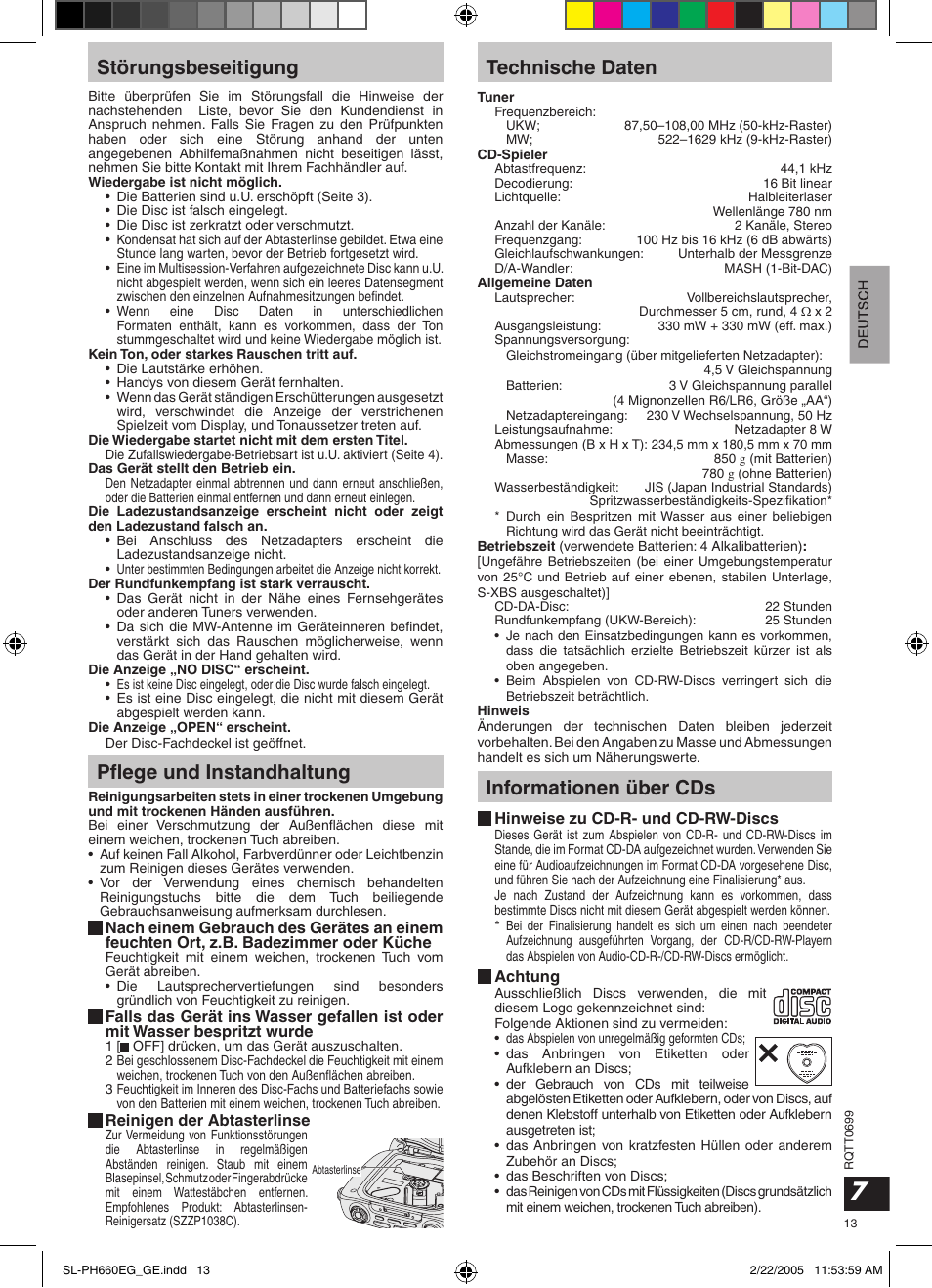 Störungsbeseitigung, Pﬂege und instandhaltung, Technische daten | Informationen über cds | Panasonic SLPH660 User Manual | Page 13 / 80