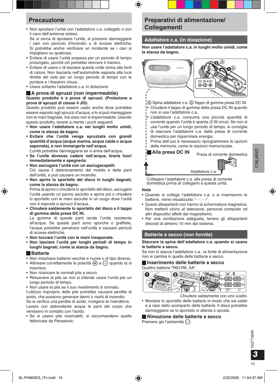 Precauzione, Preparativi di alimentazione/ collegamenti | Panasonic SLPH660 User Manual | Page 15 / 80