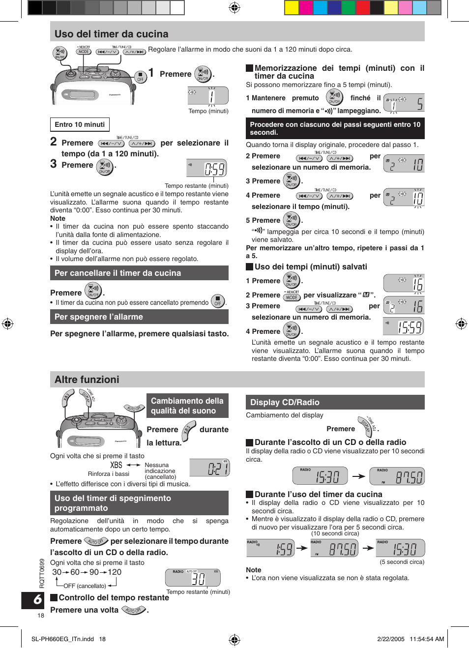 Uso del timer da cucina, Altre funzioni | Panasonic SLPH660 User Manual | Page 18 / 80