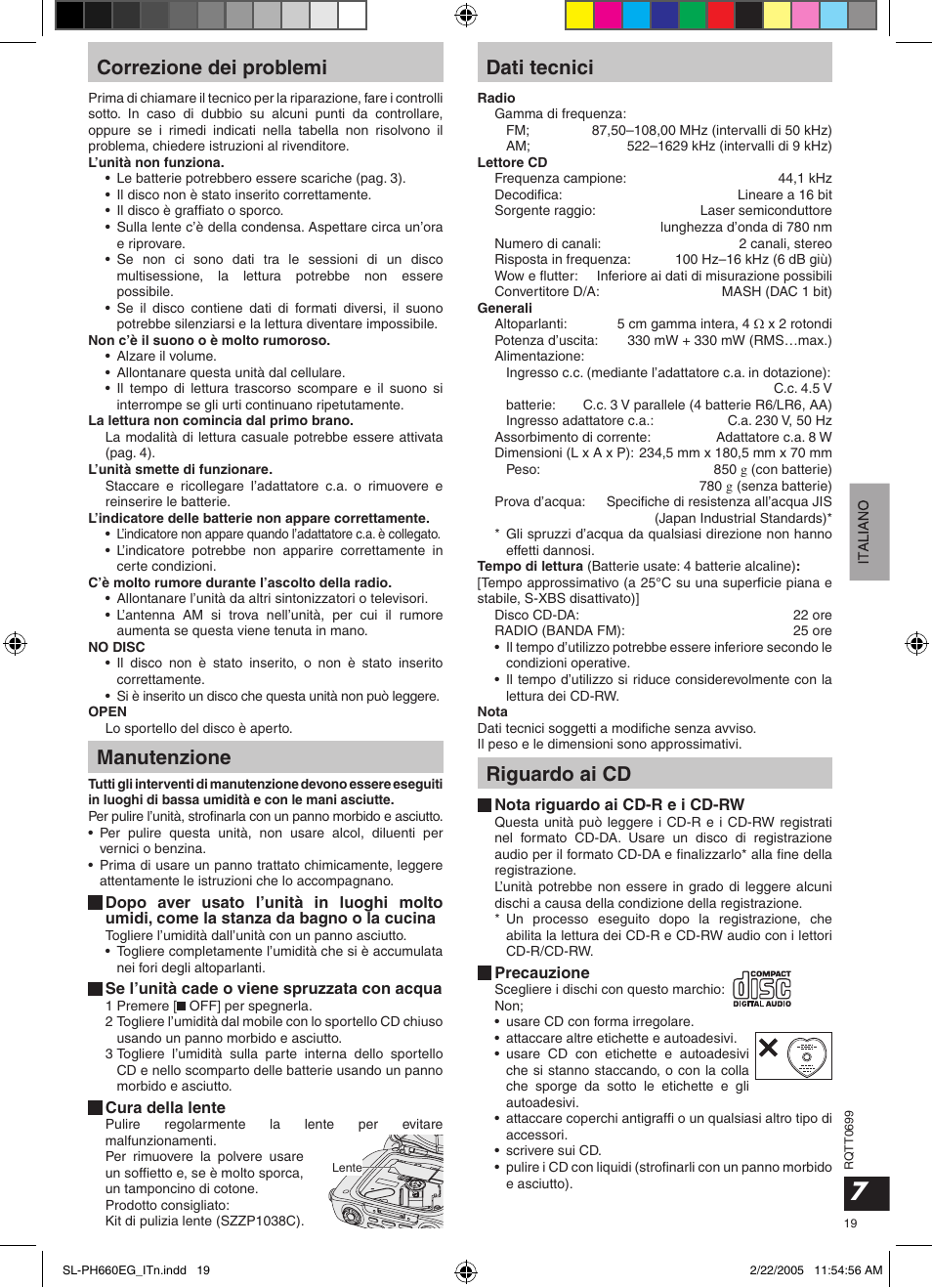 Correzione dei problemi, Manutenzione, Dati tecnici | Riguardo ai cd | Panasonic SLPH660 User Manual | Page 19 / 80