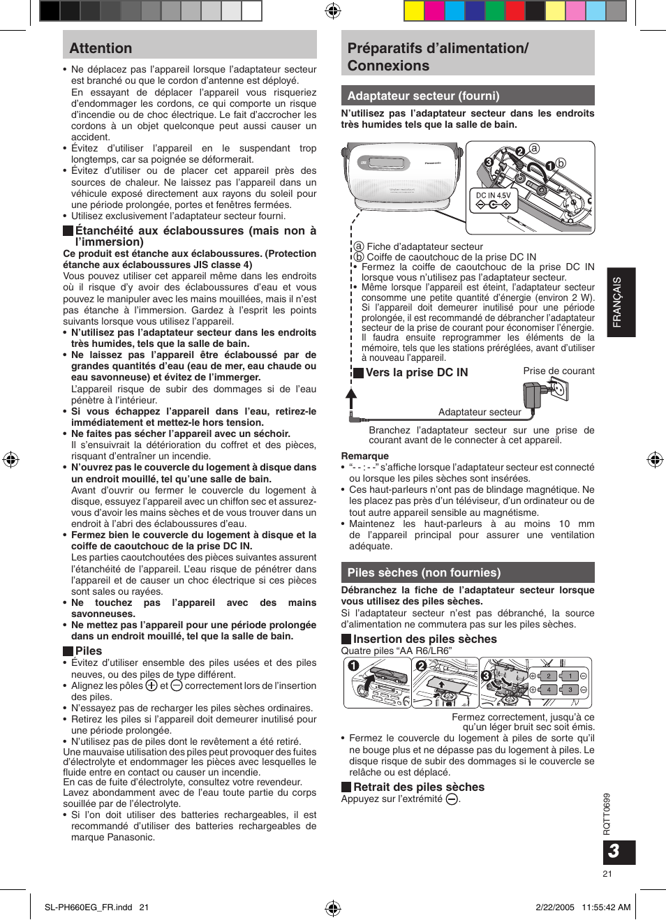 Attention, Préparatifs d’alimentation/ connexions | Panasonic SLPH660 User Manual | Page 21 / 80